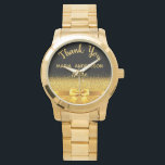 Montre Infirmière de retraite en or noir merci<br><div class="desc">Élégant, classique, glamour et féminin. Un cadeau pour une infirmière à la retraite. Un arc et un ruban de couleur dorée avec parties scintillant dorée et scintillant, un peu de bling et de luxe. Arrière - plan noir. Avec le texte : Merci, modèles pour un nom et une profession, profession....</div>