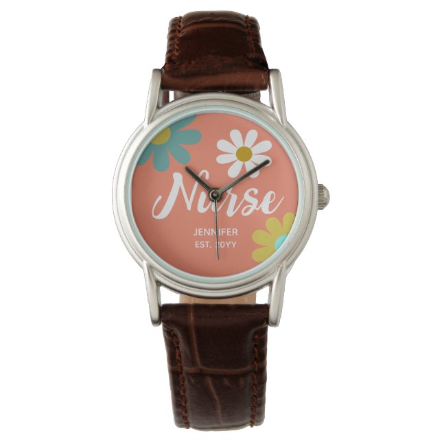 Montre Infirmière diplômée Boho Retro Floral Personnalisé (devant)