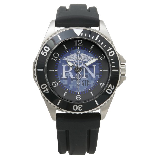 Montre Infirmière inscrite RN Caduceus Camo bleu Monogram (devant)