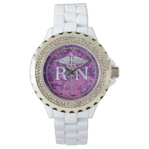Montre Infirmière inscrite RN Silver Caduceus Fuchsia Cam
