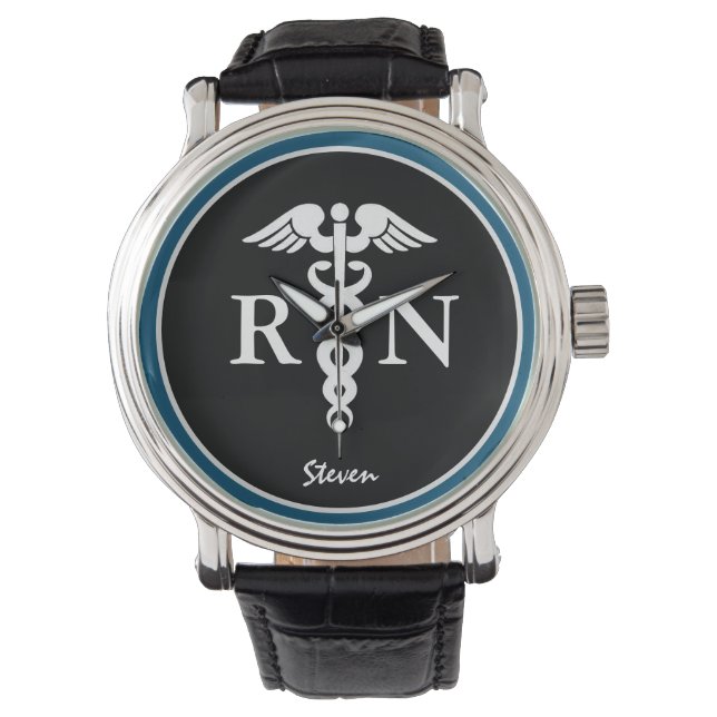 Montre Infirmière masculine RN Caduceus Bleu Noir Customi (devant)