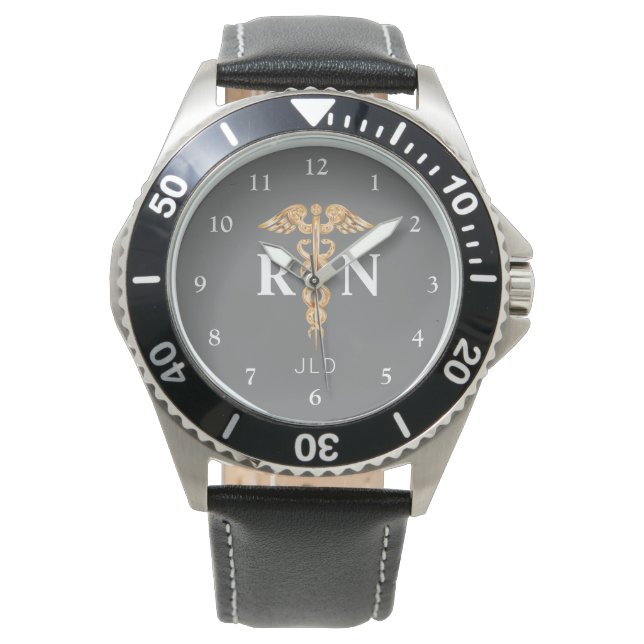 Montre Infirmière moderne RN Noir Gris Monogramme Mens (devant)