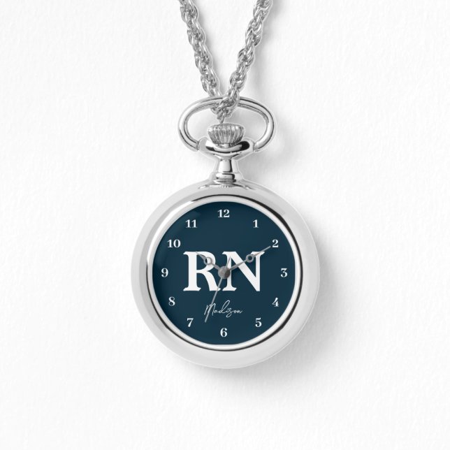 Montre Infirmière personnalisée RN Navy Bleu Script blanc (Recto)