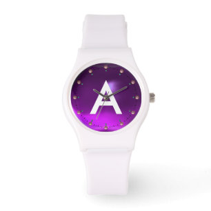 MONTRE INITIALE EN PIERRE GEMME D'AMÉTHYSTE VIOLETTE IMPR