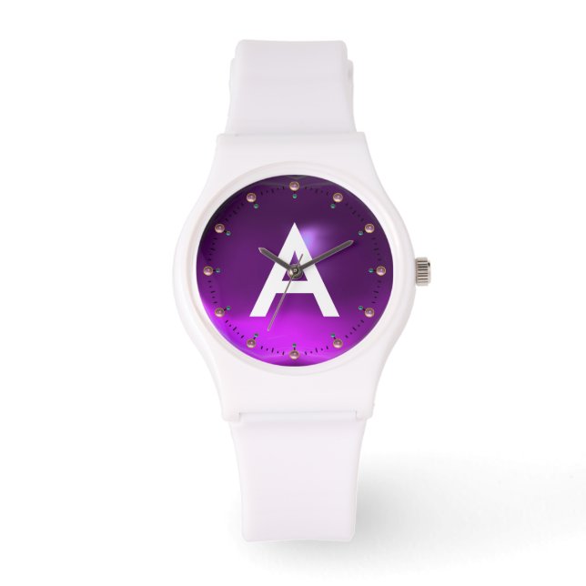 MONTRE INITIALE EN PIERRE GEMME D'AMÉTHYSTE VIOLETTE IMPR (Recto)