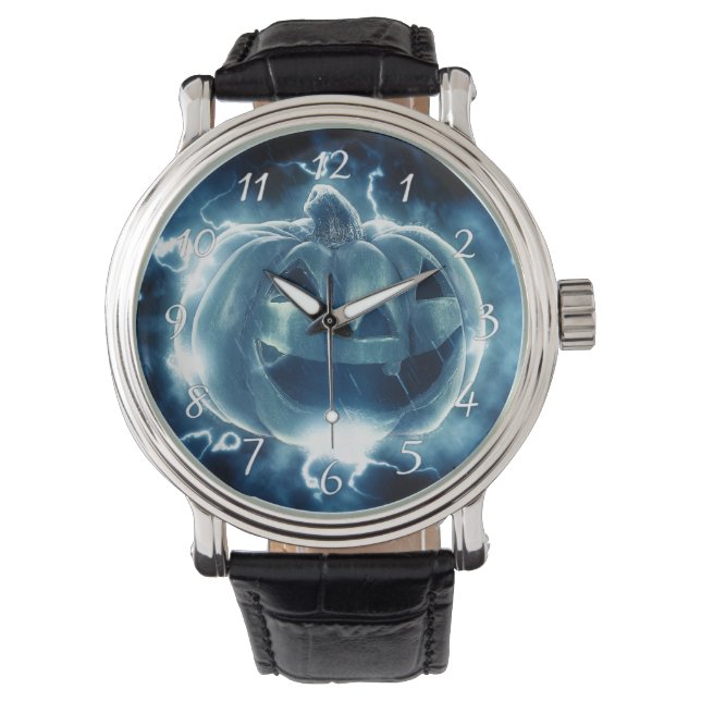 Montre jack-o-lanterne sous la pluie (devant)