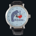 Montre J'aime les lamates<br><div class="desc">Un mignon lamané bleu à côté d'un coeur rouge pour un expert animal marin ou biologiste qui aime les espèces en voie de disparition et se bat pour les droits des animaux. J'adore regarder les lamantins.</div>