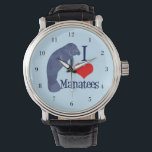Montre J'aime les lamates<br><div class="desc">Un mignon lamané bleu à côté d'un coeur rouge pour un expert animal marin ou biologiste qui aime les espèces en voie de disparition et se bat pour les droits des animaux. J'adore regarder les lamantins.</div>