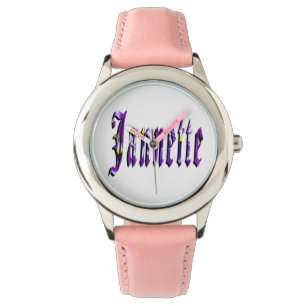 Montre Jannette, Nom, Logo, Girls Pink Leather Watch.