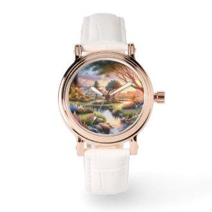 Montre Jardin de Cottage au Ruisseau au Coucher du Soleil