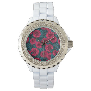 Montre Jardin de Dahlia Rouge/feuilles bleus