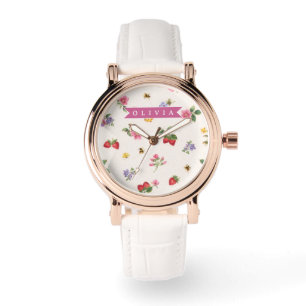 Montre Jardin de fraises personnalisé Cottagecore abeille