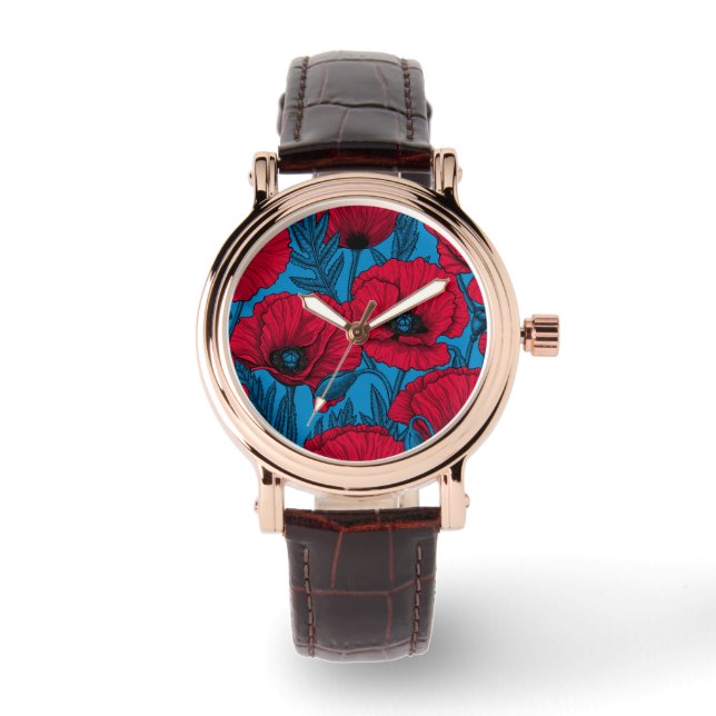 Montre Jardin de pavot rouge sur bleu (Recto)