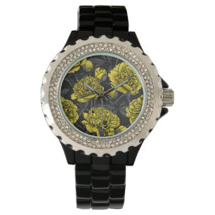 Montre Jardin de pivoine nocturne en jaune et gris