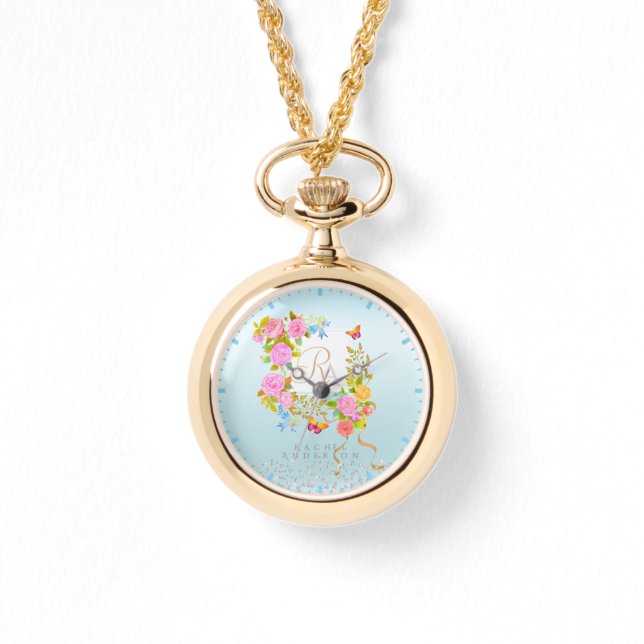 Montre Jardin fleuri romantique monogramme bleu (Recto)