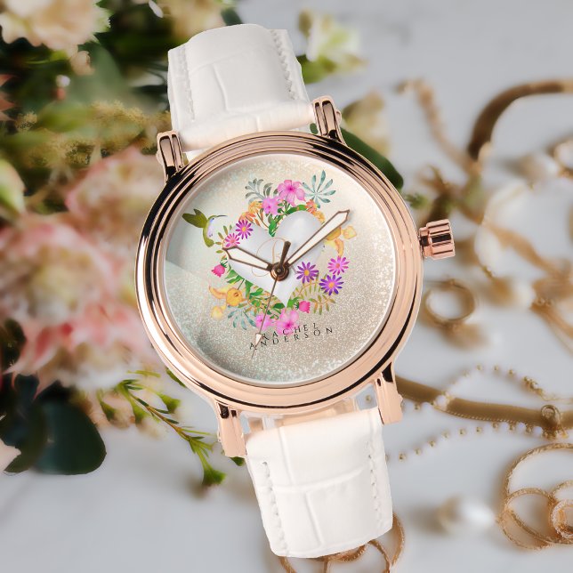 Montre Jardin Floral Monogramme Champagne Round (Elegant and Chic Floral Garden Monogram Ladies Watch For Your Special One.)