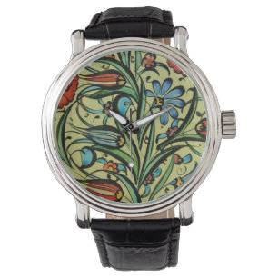 Montre Jardin Mosaïque Vintage bracelet en cuir noir