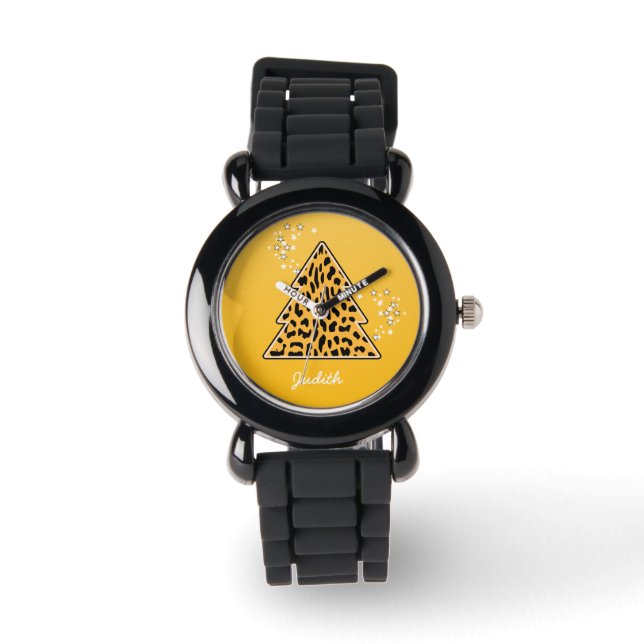 Montre Jaune léopard Cheetah sapin de Noël (Recto)