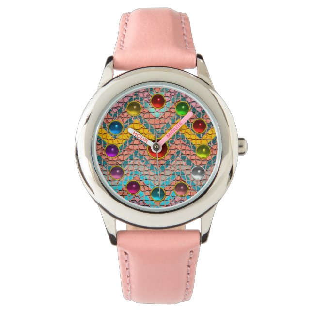 MONTRE JAUNE ROSE TURQUOISE CHEVRONS BLEUS GEMSTONES COLO (devant)