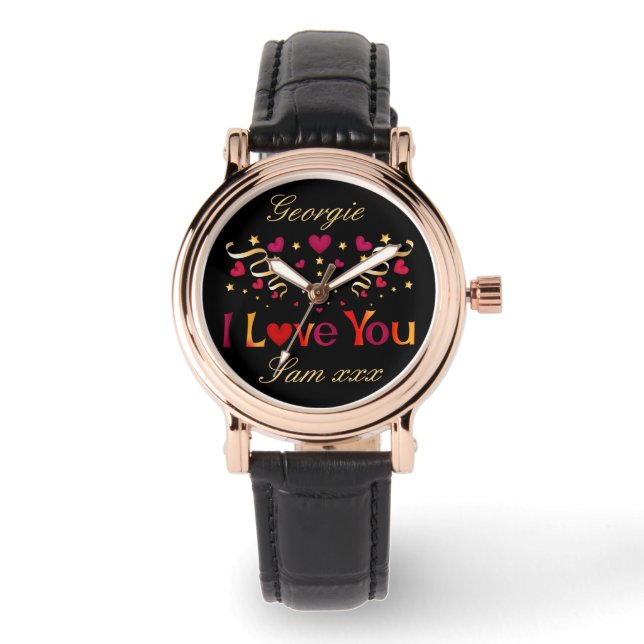 Montre JE VOUS AIME Rouge Coeur Or Ruban Noir Valentine (Recto)