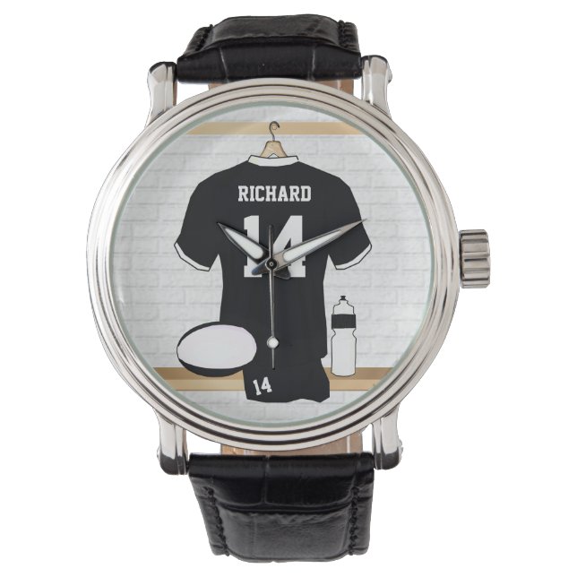 Montre Jersey de rugby personnalisé noir et blanc (devant)