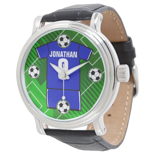 Montre Jersey de soccer personnalisé bleu avec blanc (Incliné)