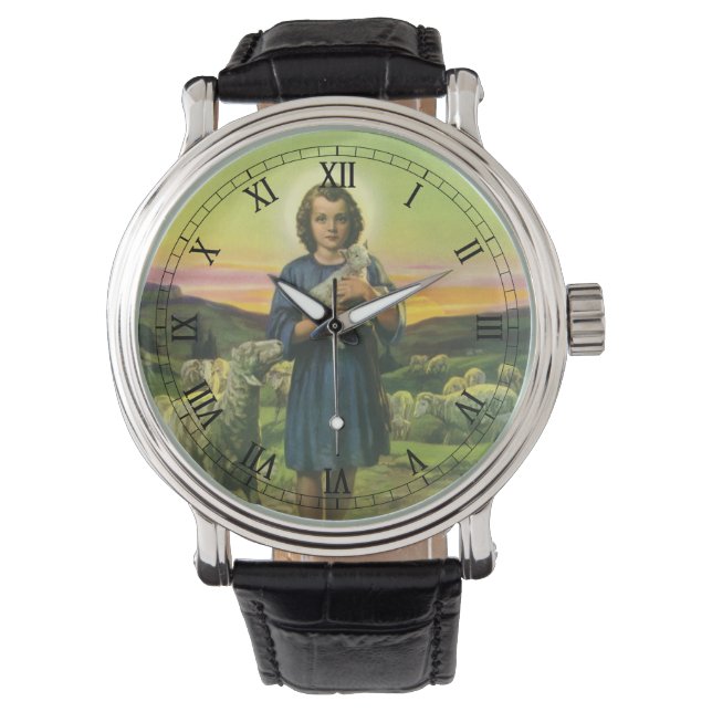 Montre Jésus-Christ berger vintage avec agneau bébé (devant)