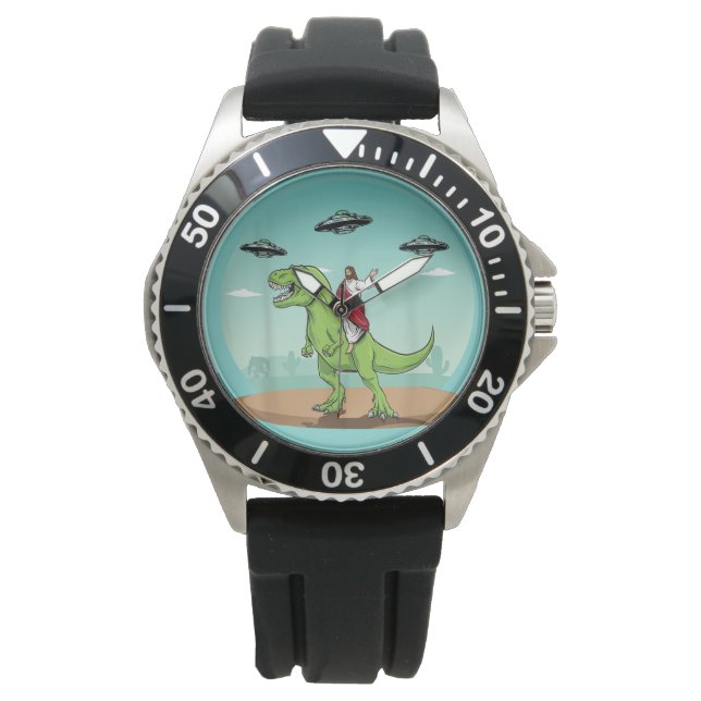 Montre Jésus drôle chevauchant un dinosaure alien  (devant)