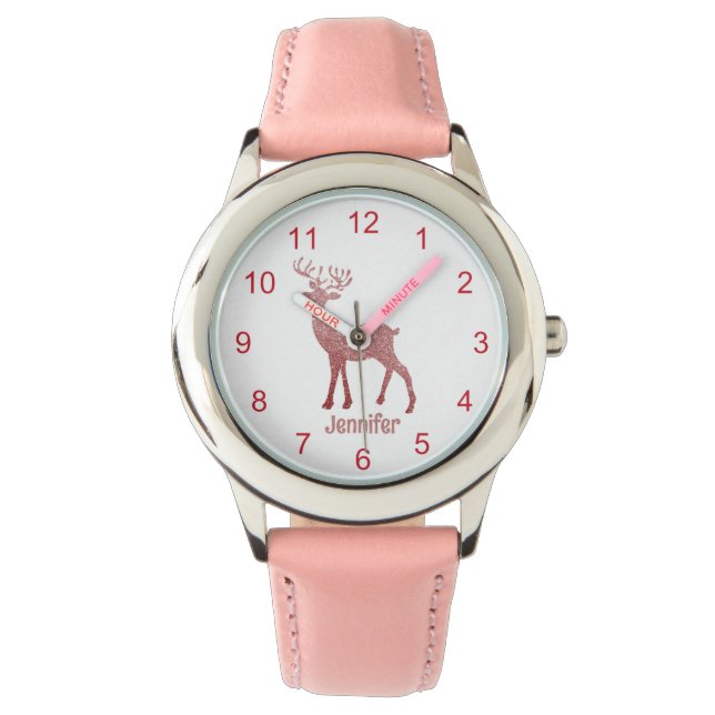 Montre jeune fille personnalisée de noël de rennes roses (devant)