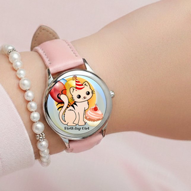 Montre Joli Anniversaire de Chat Coloré  (Cute festive girly birthday watch featuring a kitten with balloons and a cupcake)