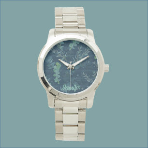 Montre Joli bleu foncé Turquoise Feuilles verts