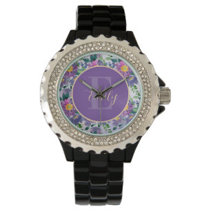 Montre Joli bleu violet Florals Monogramme