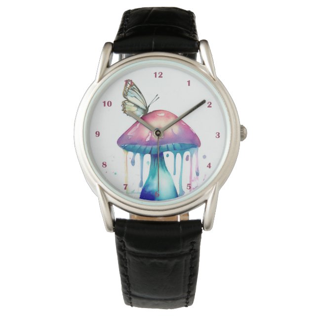 Montre Joli champignon papillon Rainbow Watercolor Art (devant)