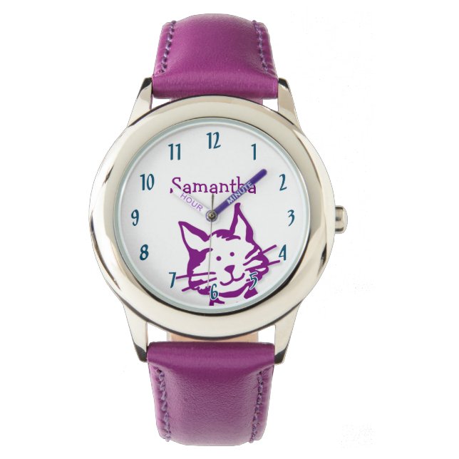 Montre Joli Chat Violet Curieux Nom Enfants (devant)