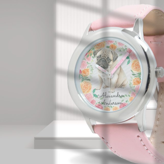 Montre Joli chiot Carlin avec fleurs d'aquarelle nom pers (Créateur téléchargé)