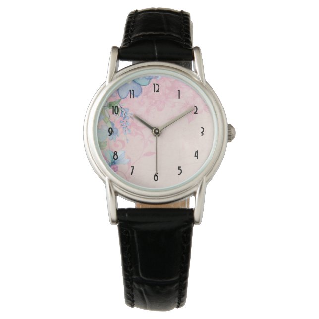 Montre Joli Fleurs sauvages floraux rose et bleu (devant)