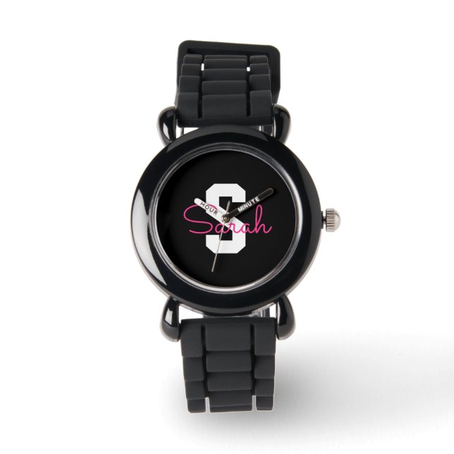 Montre Joli nom et monogramme | Noir Blanc et Rose (Recto)
