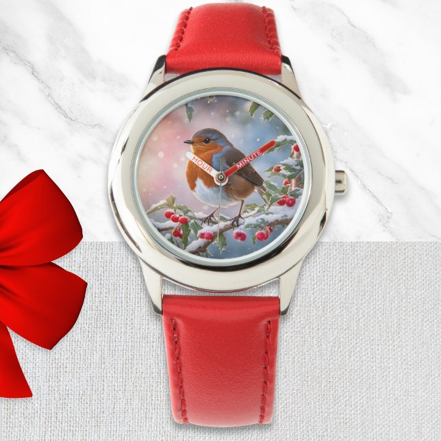 Montre Joli Robin Redmamie hiver neige Joli Noël (A pretty Christmas watch with robin redbreast illustration in a watercolor style)