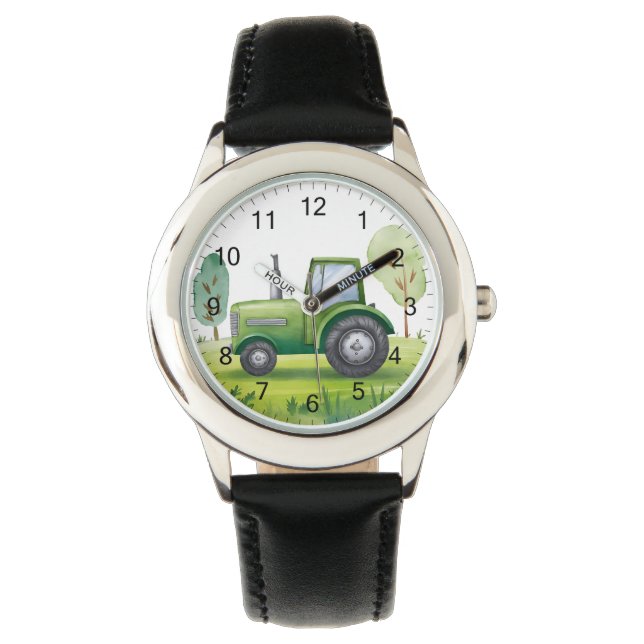 Montre Joli tracteur vert ferme aquarelle enfants (devant)