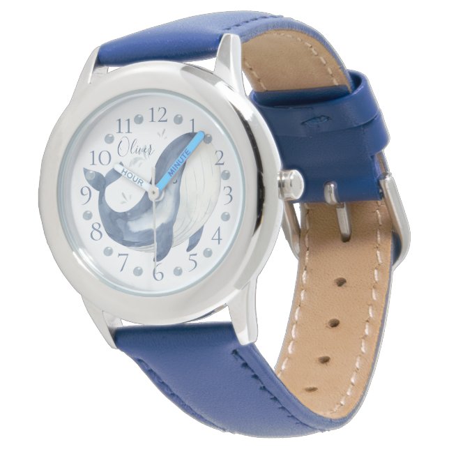 Montre Jolie baleine bleue nautique aquarelle personnalis (Incliné)