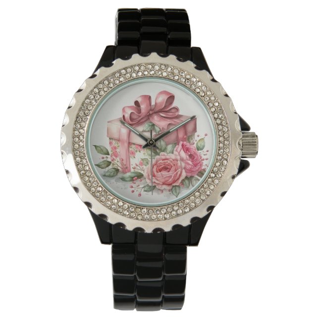 MONTRE JOLIE COULEUR D'EAU ROSE ROSES ET CADEAU (devant)