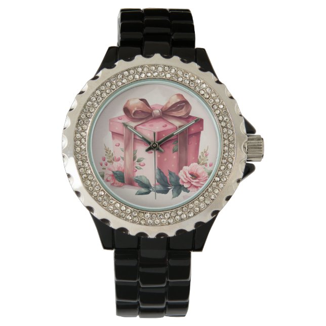 MONTRE JOLIE COULEUR D'EAU ROSE ROSES ET CADEAU (devant)