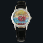 Montre Jolie photo d'une fleur de Lotus dans un étang<br><div class="desc">Une montre avec la photo d'un étang avec une jolie fleur de lotus rouge qui se dresse sur le dessus.</div>