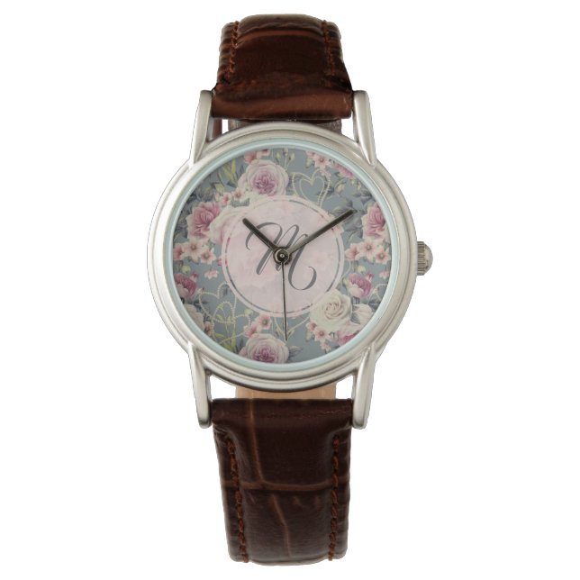 Montre Jolie rose Roses et Coeurs Perles Monogramme (devant)