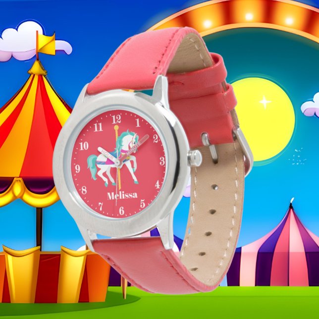 Montre Jolies filles carousel cheval ajouter nom (Créateur téléchargé)