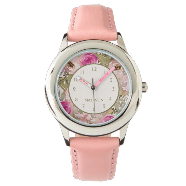 Montre Jolies fleurs roses Votre nom Enfant (devant)