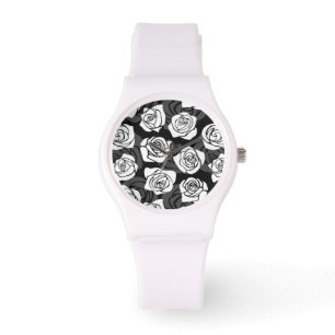 Montre Jolies roses Vintages en noir et blanc
