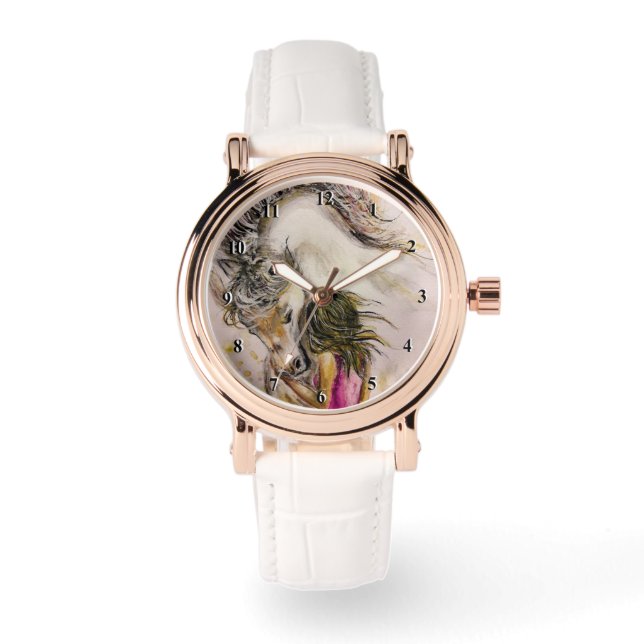 Montre Jolis amis regardent cheval blanc et fille (Recto)