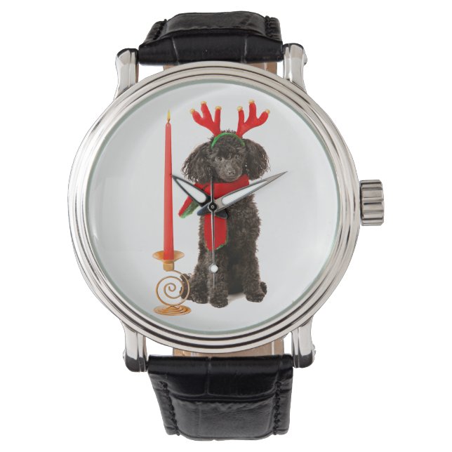 Montre Jouet noir de Noël Chien de caniche habillé en ren (devant)