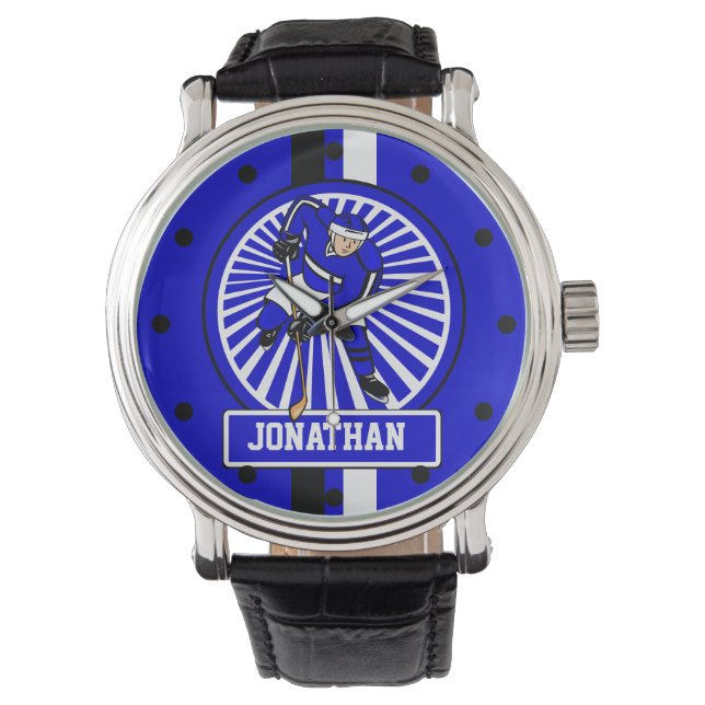Montre Joueur de hockey sur glace personnalisé bleu (devant)